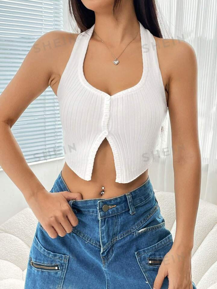 SHEIN EZwear Button Front Backless Halter Neck Crop Knit Top | SHEIN