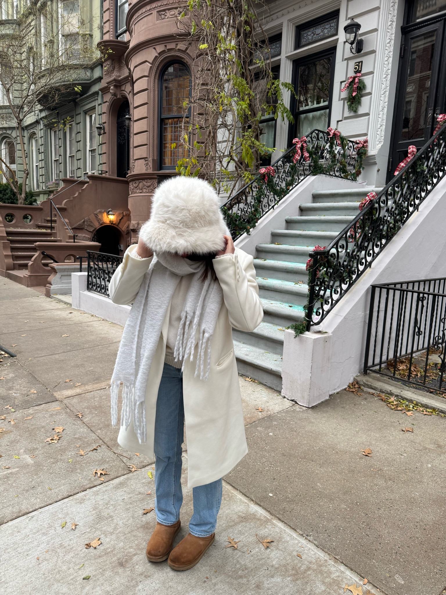 nyc, outfit, winter, ootd, cold, chilly, warm fit, white, fur, hat, pea coat, wool, trench, jeans, denim, Uggs, ootd, scarf, monochromatic, inspo, trendy, aesthetic, New York City, day trip, weekend, casual, chic, fashion, fluffy, bucket hat, brownstone, christmas, holidays, travel, pose, picture, cute, decor, decorations, inspiration 

#LTKStyleTip #LTKHoliday #LTKSeasonal