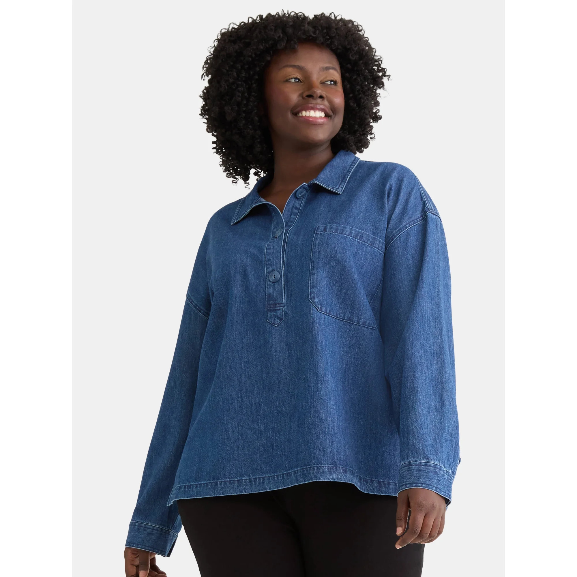 Time and Tru Women's and Women's Plus Denim Popover, Sizes XS-4X - Walmart.com | Walmart (US)