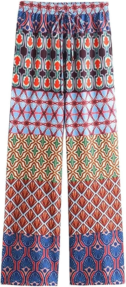 Women's Flared Sleeve Tie V-Neck Top High Waisted Wide Leg Pants Ethnic Geometric Print Color Cla... | Amazon (US)