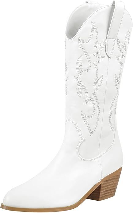 richealnini Cowboy Boots for Women Embroidered Pull-On Mid Calf Booties | Amazon (US)