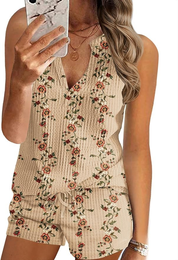 Ekouaer Women 2 Piece Sets Waffle Knit Tank Top Lounge Short Sets Casual Summer Matching Outfits ... | Amazon (US)