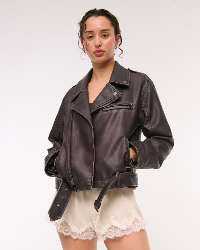 Distressed Vegan Leather Biker Jacket | Abercrombie & Fitch (US)