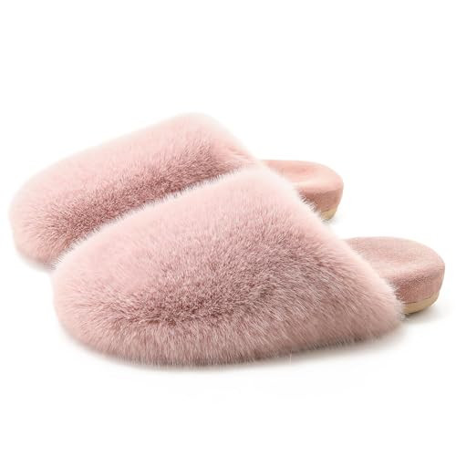 YASSIA Women's Fuzzy Slide Slippers - Cozy Fleece Lining and Rubber Insoles & Non-Slip Rubber Sole for Indoor Outdoor Comfort (Pink Women 8) | Amazon (US)