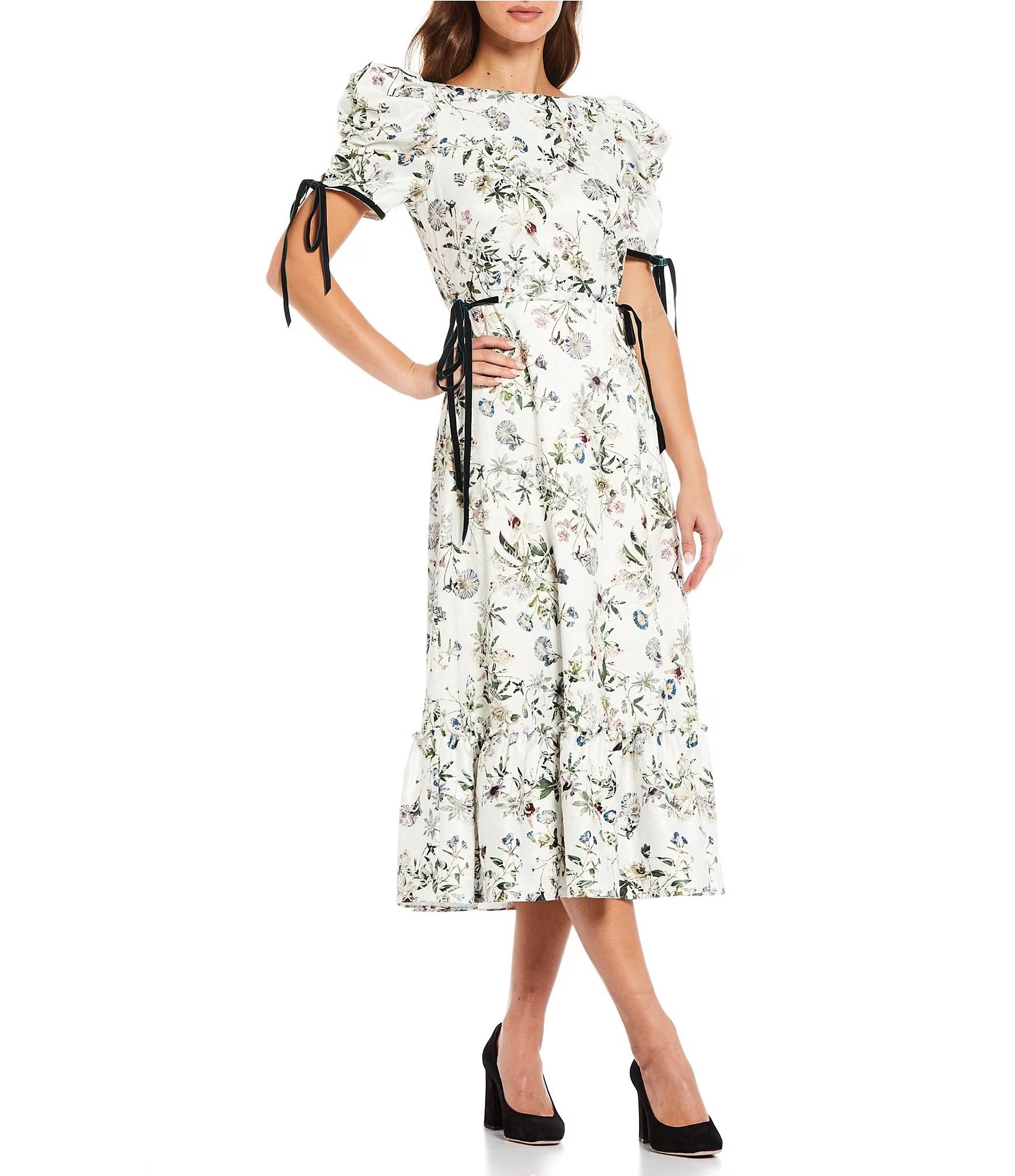 x Nicola Bathie Sophia Floral Jacquard Velvet Bow Boat Neck Short Sleeve Midi Dress | Dillards