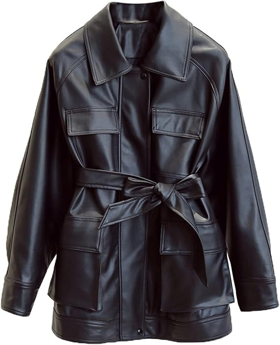 LY VAREY LIN Women Faux Leather Belted Shirt Jacket Lapel Blazer Coat with Bust Pocket | Amazon (US)