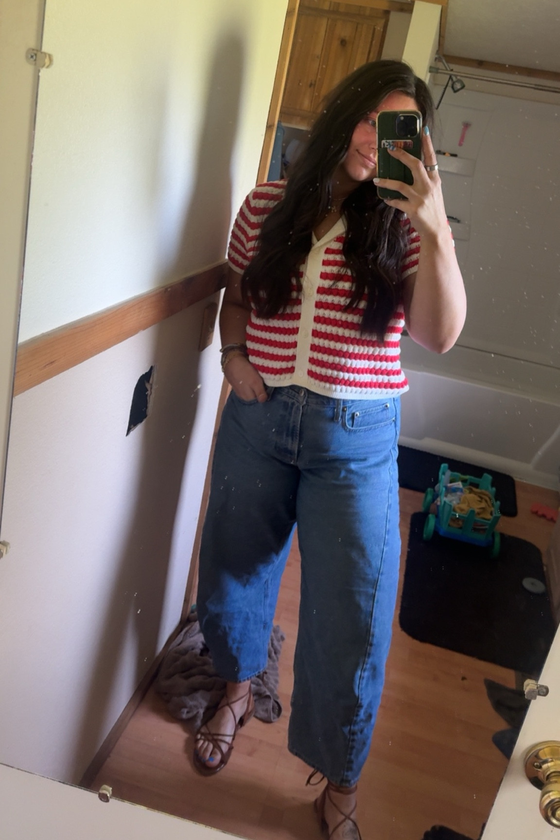 Sunday church outfit 🫶🏽✝️

Wearing a L in the top and a 30 long in the curve love jeans