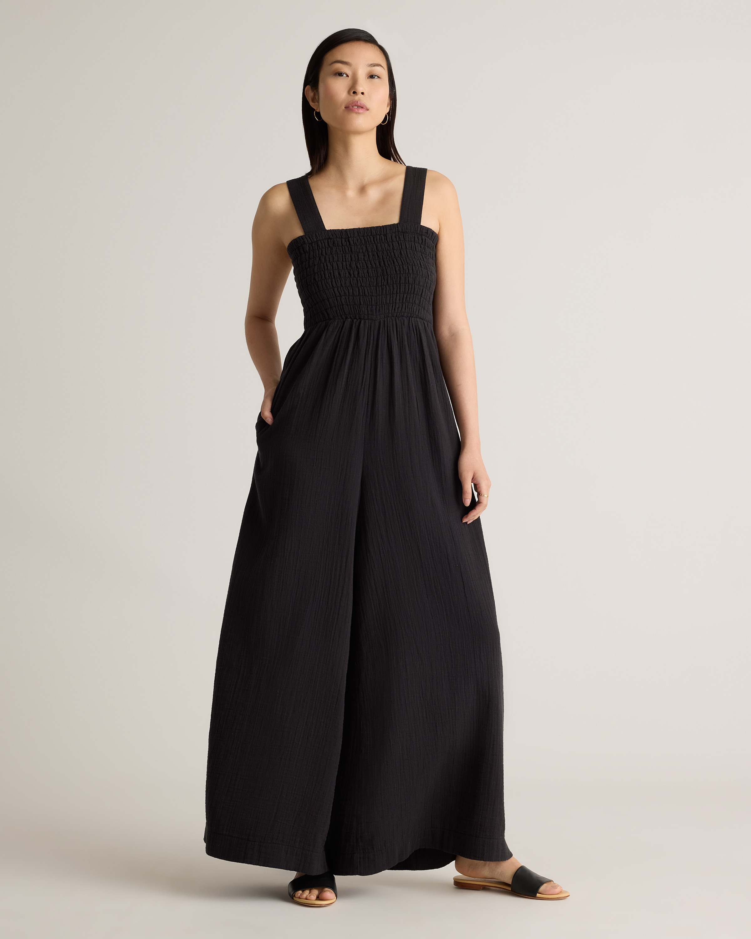 Quince | Women's Gauze Smocked Wide Leg Jumpsuit in Black, Size Large, Organic Cotton | Quince