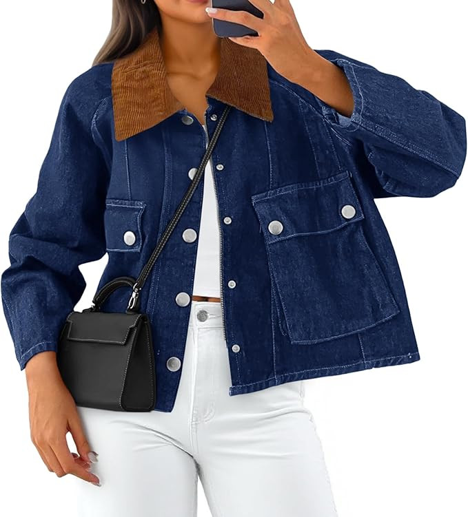 Cicy Bell Womens Cropped Denim Jacket Trendy Corduroy Collar Button Down Casual Barn Jacket for W... | Amazon (US)