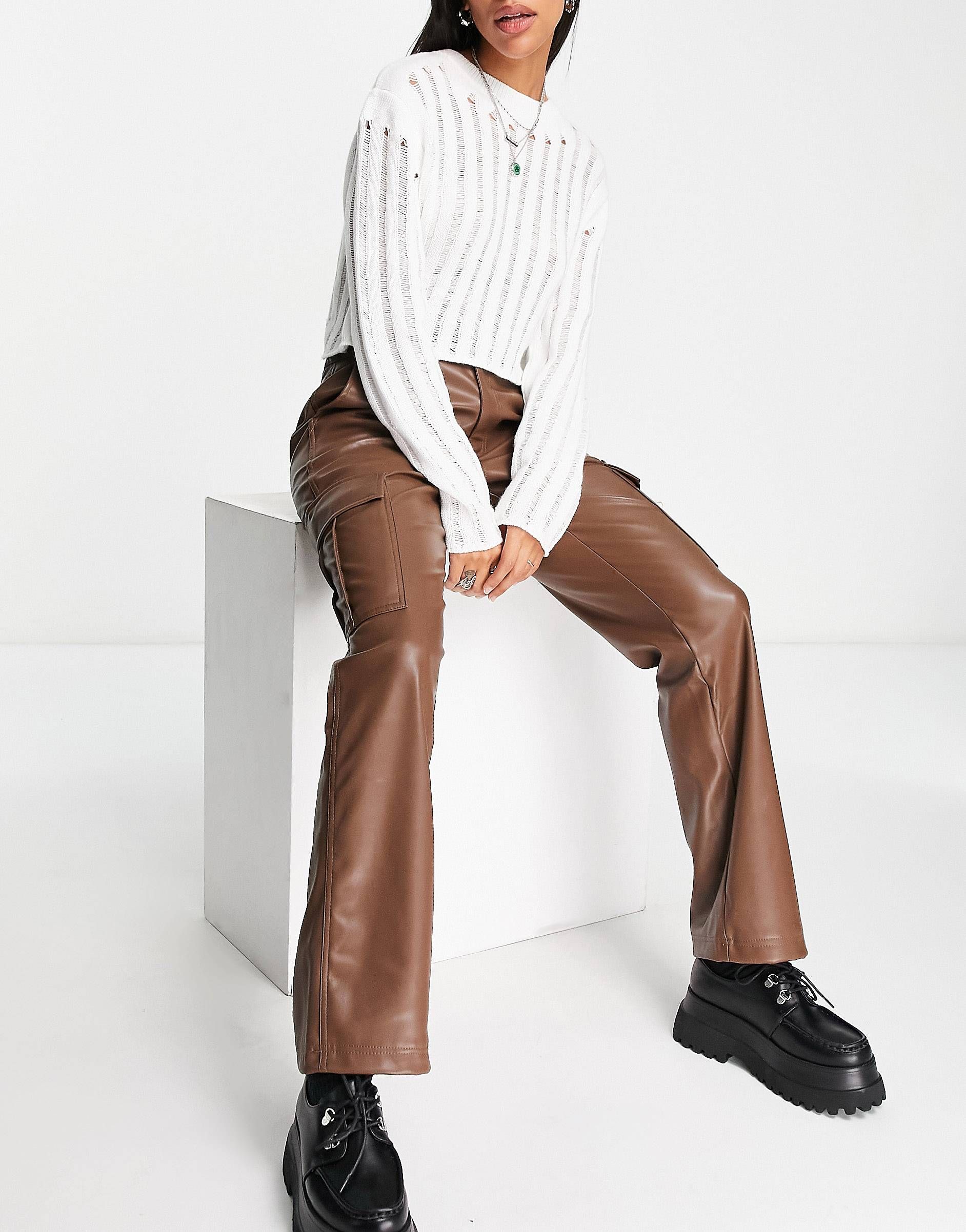 Stradivarius STR faux leather straight leg cargo pants in brown | ASOS (Global)