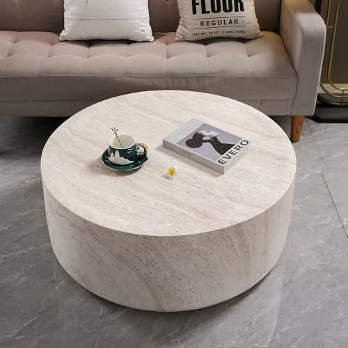 JUSTONE 31.5" Round Magnesium Oxide Coffee Table | Weather Resistant Indoor Outdoor Drum Center Accent Table- Light Beige | Amazon (US)