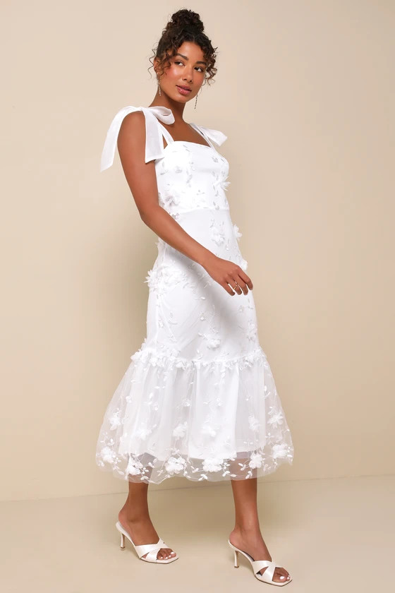 Divinely Adored White Embroidered Floral Tie-Strap Midi Dress | Lulus
