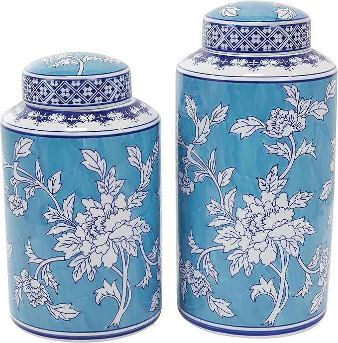 Deco 79 Ceramic Living Room Decorative Jars Decorative Container with White Floral Patterns, Set ... | Amazon (US)