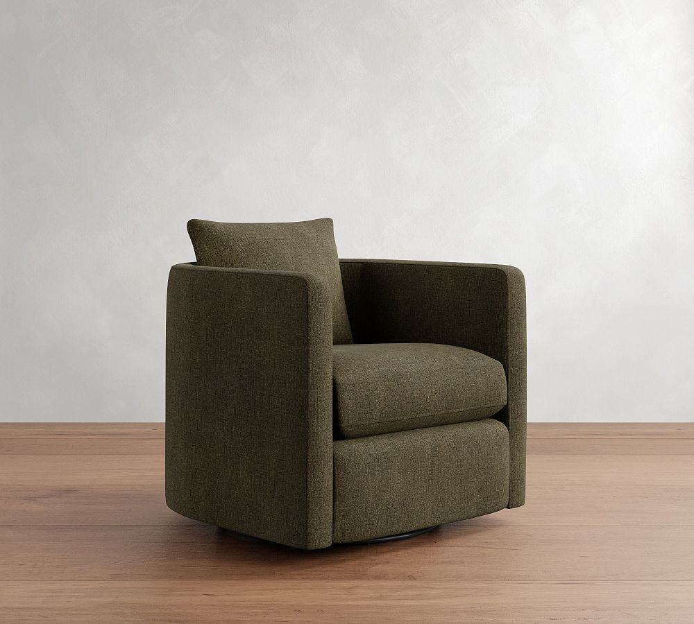 Ayden Upholstered Barrel Swivel Armchair, Polyester Wrapped Cushions, Rustic Chenille Dark Moss | Pottery Barn (US)