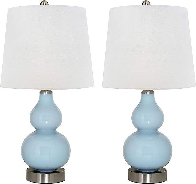 21.5" Blue Glass Table Lamp w/Brushed Nickel Off-White Linen Shade | Amazon (US)