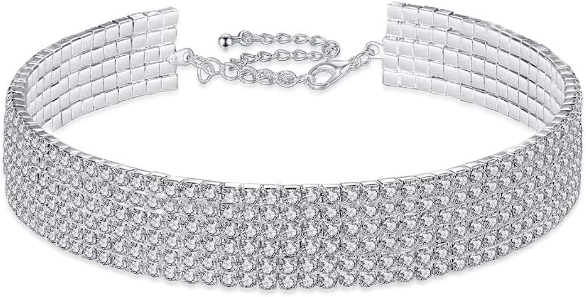 Dream Date Silver Diamond Mounted Shinning Layered Choker Necklace | Amazon (US)