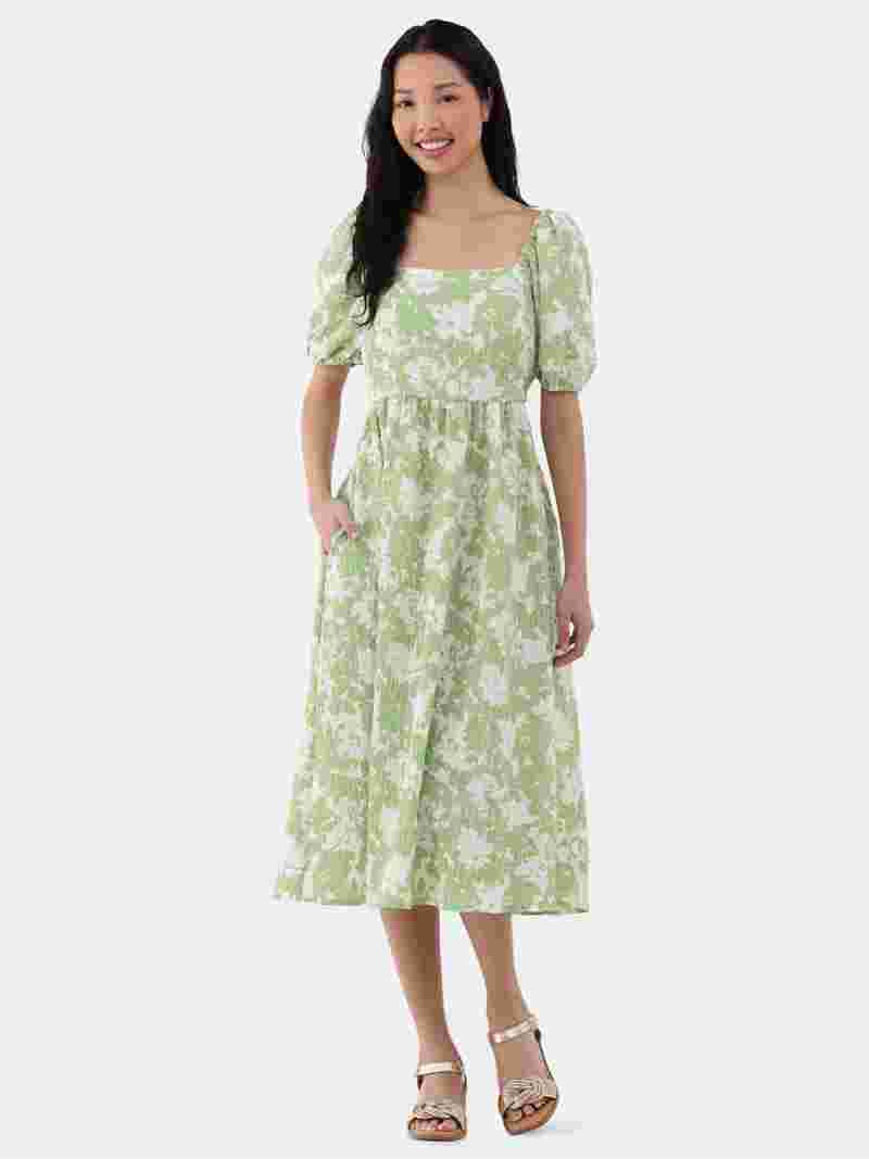 Time and Tru Women's and Women's Plus Back Tie Midi Dress with Puff Sleeves, Sizes XS-4X | Walmart (US)