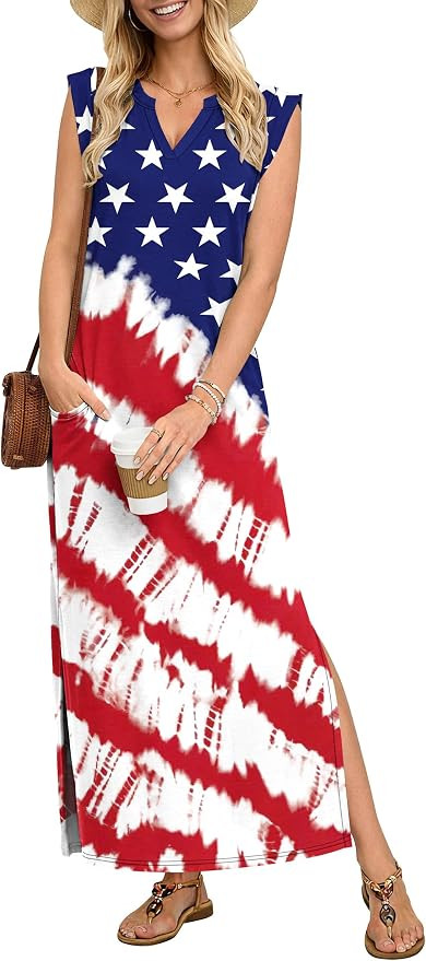 AUSELILY Women's V Neck Maxi Dresses, Straight-Cut Wrinkle-Free, Loose Split Sleeveless Vacation ... | Amazon (US)