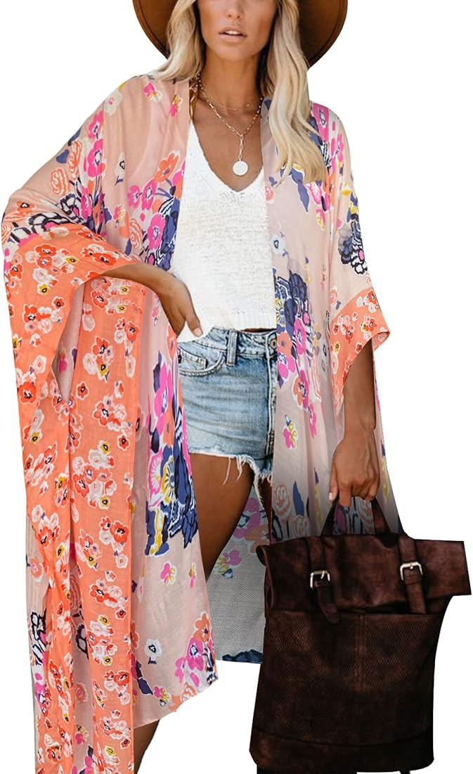 Women's Beach Cover up Swimsuit Kimono with Bohemian Floral Print, Loose Casual Resort Wear | Amazon (US)