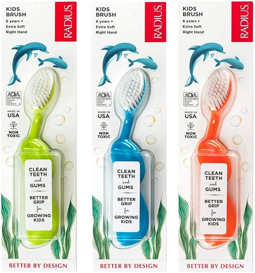 RADIUS Children's Toothbrush, Kids Brush, Extra Soft Bristles, Right Handed, Green/Blue/Orange, B... | Amazon (US)