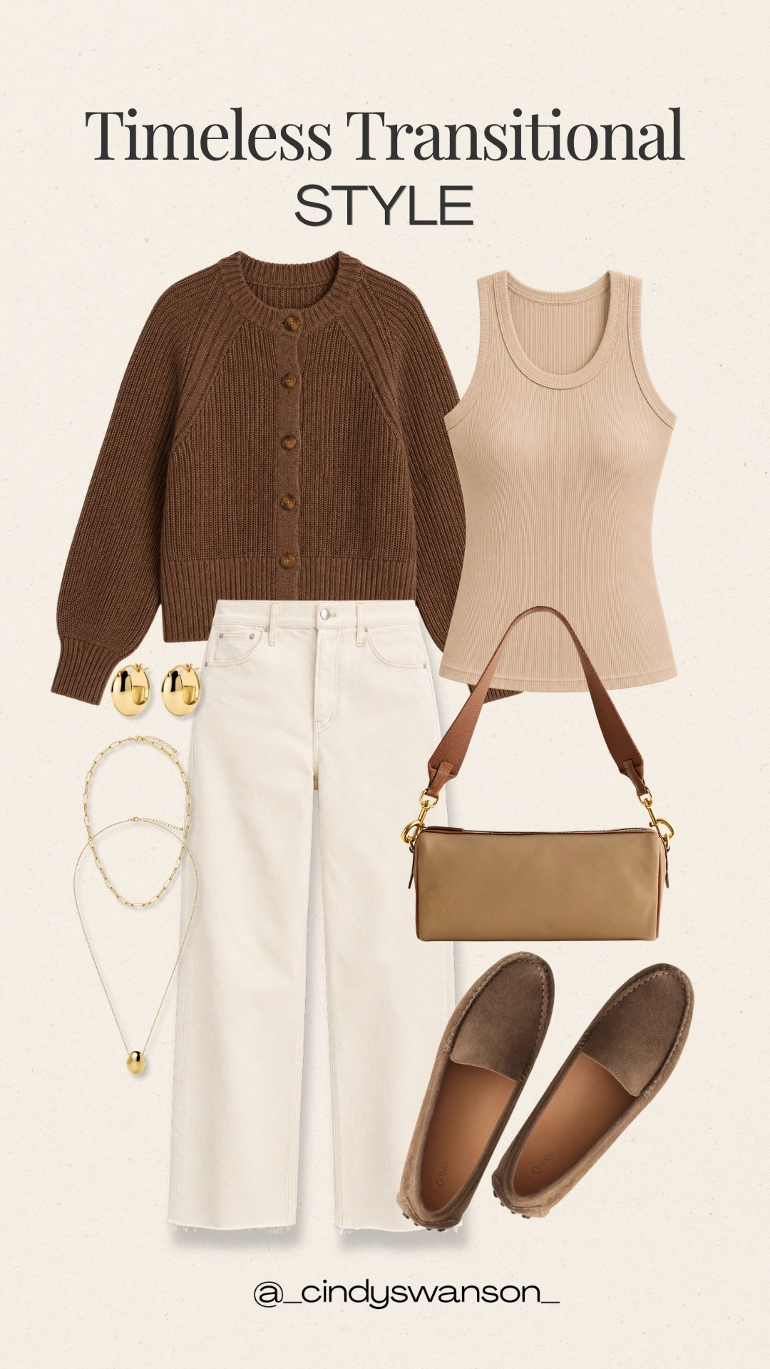 A chocolate brown cardigan layered over a ribbed neutral tank is such a timeless combination with cream wide-leg jeans. I love how the warm brown loafers and shoulder bag pull everything together, an easy, polished look with pieces you can mix and match throughout the transitional season.

💡 LTK MADE EASY
❤️ Heart = Support my posts!
🔖 Save = Get sale & restock alerts
📋 Lists = Keep favorites organized
📲 Share = Send lists and products to a friend. Hello, Christmas List!
💬 Comment = Ask me anything about what I’m wearing.:-)

#LTKootd #LTKSeasonal #LTKOver40