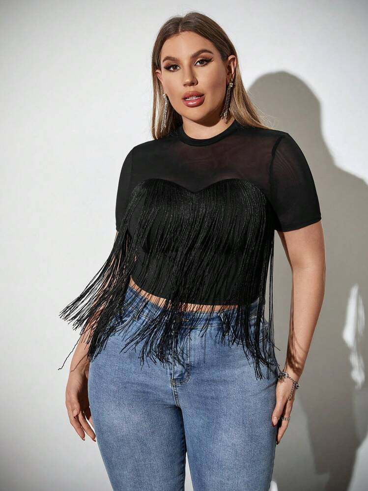 SHEIN Privé Plus Size Summer Elegant Fringe Trim See-Through Black Top, Suitable For Travel, Vacation, Country Music Festival, Concerts, Outdoor Activities | SHEIN