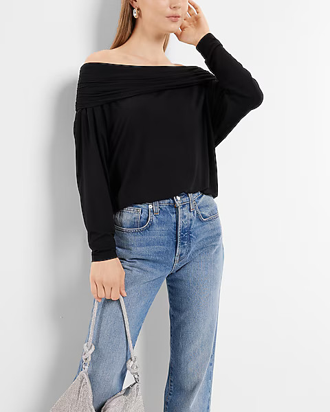 Off The Shoulder Dolman Sleeve Ruched Overlay Top | Express