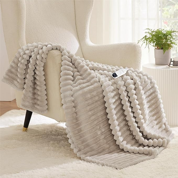 Bedsure Heated Blanket Electric Throw - Thick Striped Flannel Electric Blanket, Heating with 4 Ti... | Amazon (US)