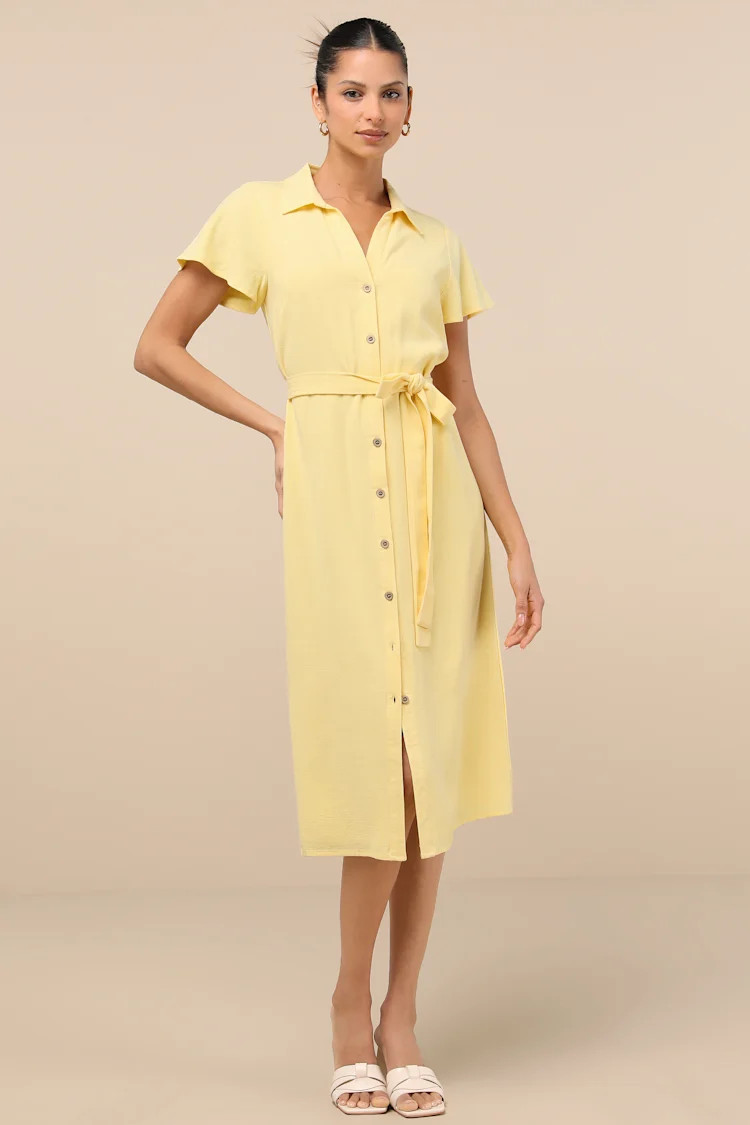 Italian Summer Light Yellow Linen Button-Up Short Sleeve Dress | Lulus