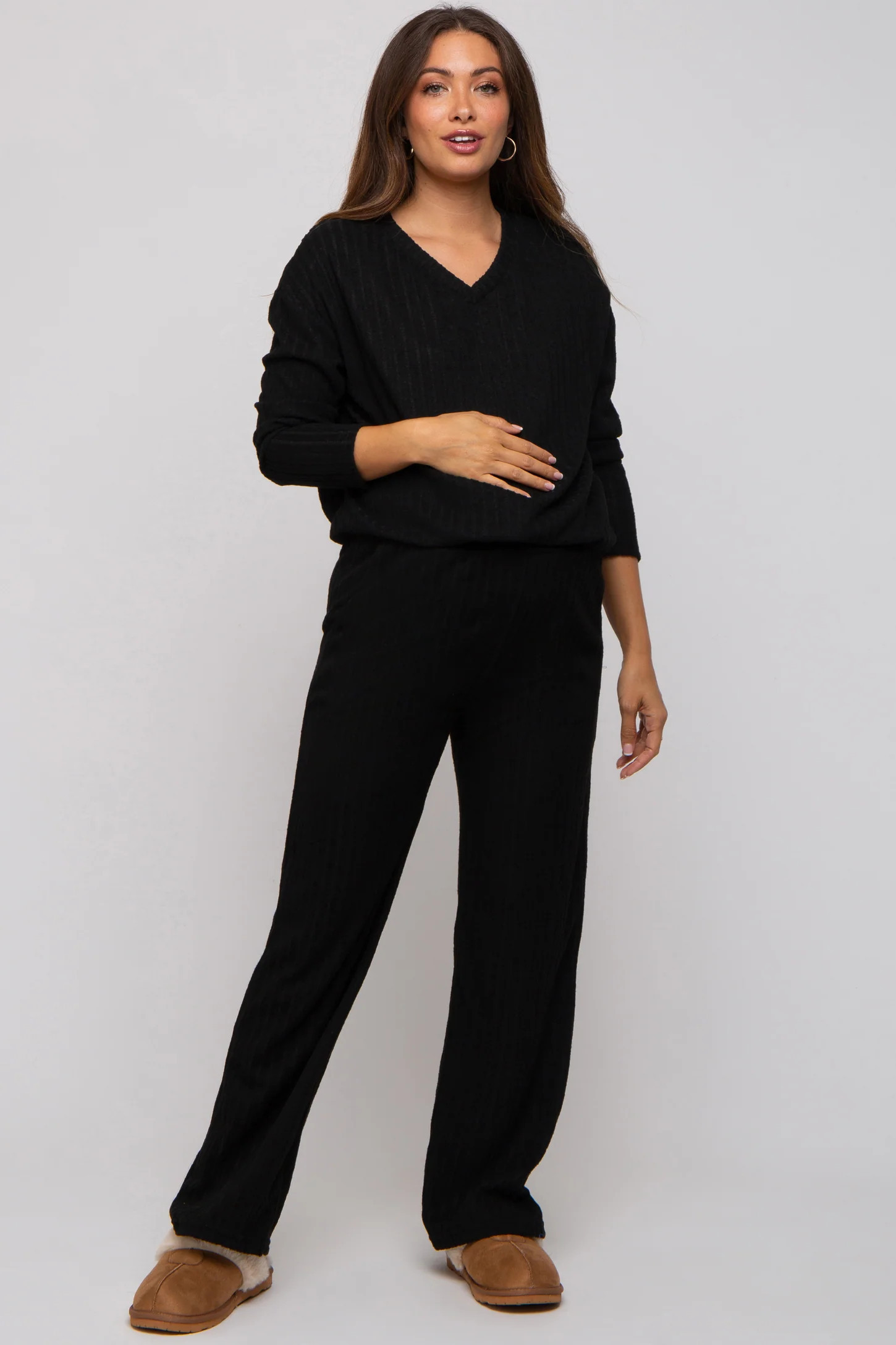 Black Ribbed Soft Knit Long Sleeve Maternity Pajama Set | PinkBlush Maternity