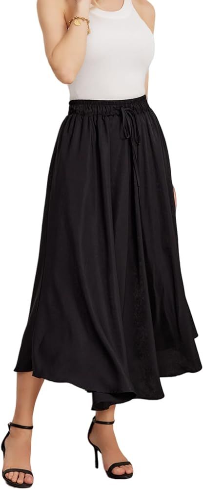 Skirt Women Maxi Long Midi Satin Line Casual Summer Slip House Beach Party Holiday 2023 (Black XL... | Amazon (US)
