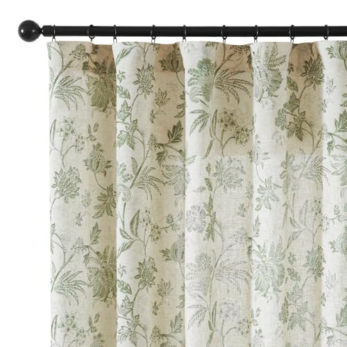 Vangao Christmas Linen Green Floral Curtains for Bedroom 96 Inch Length Printed Flower French Country Curtains for Living Room Light Filtering Drapes Window Treatments 2 Panels Green | Amazon (US)