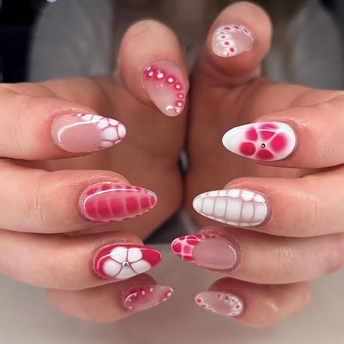 Press on Nails - Medium Almond French Fake Nails Pink and White Acrylic Reusable False Nail with ... | Amazon (US)