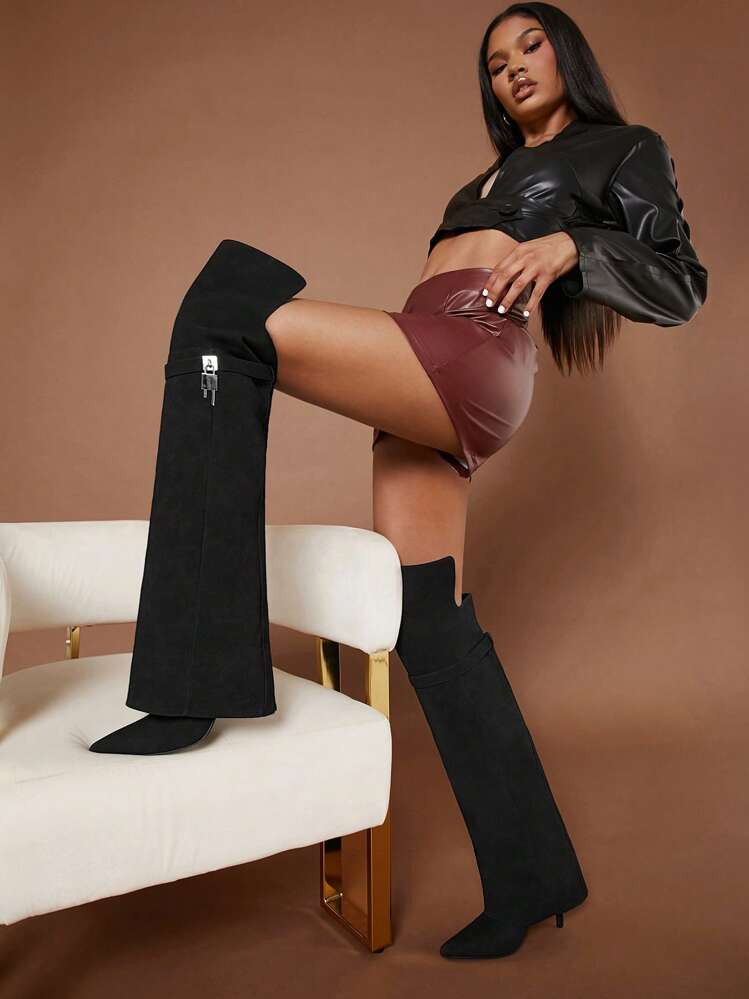 SHUZIA Women Everyday Casual Folded Over Lock Decor Comfortable Black Suede High Heeled Wedge Boo... | SHEIN