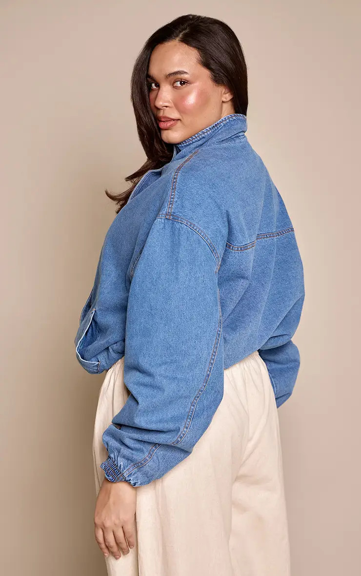 Plus Funnel Neck Concealed Placket Denim Jacket | PrettyLittleThing US