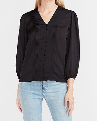 Pleated Button Front Shirt Women's Pitch Black | Express