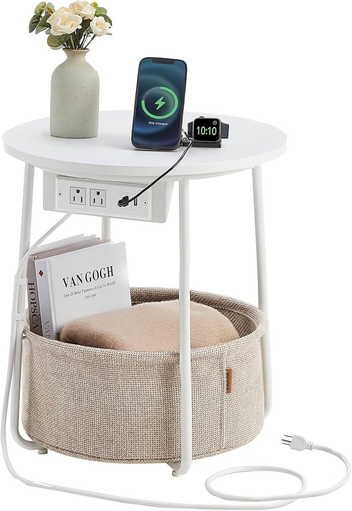 VASAGLE Side Table with Charging Station, Round End Table With Fabric Basket, Nightstand with Pow... | Amazon (US)