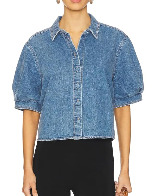 Denim Shirt Women Puff Sleeve Cropped Button Down Jean Tops Summer Business Casual Tops | Amazon (US)