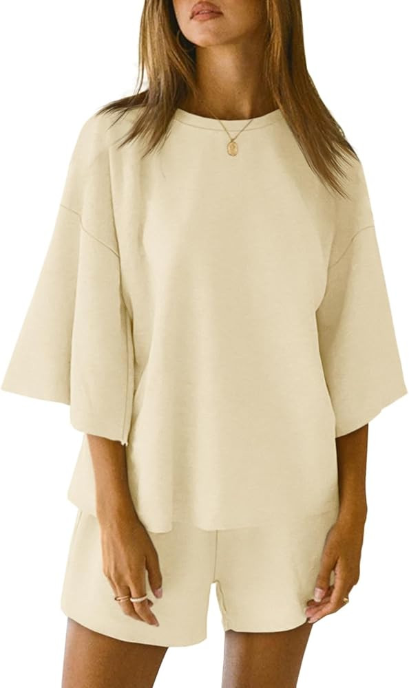 Tankaneo Womens Pajama Sets 3/4 Sleeve Oversized Tops and Elastic Waist Shorts Lounge Sets Lounge... | Amazon (US)