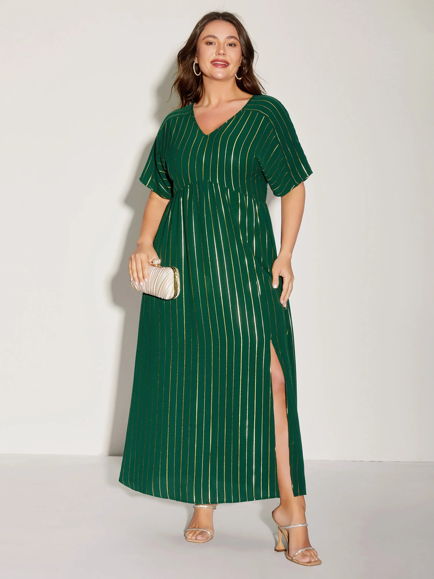 Gold Shimmery Stripes Pockets Midi Dress | Bloomchic
