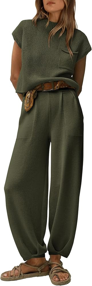 PRETTYGARDEN Womens Two Piece Outfits Sweater Sets Knit Pullover Tops And High Waisted Pants Matc... | Amazon (US)