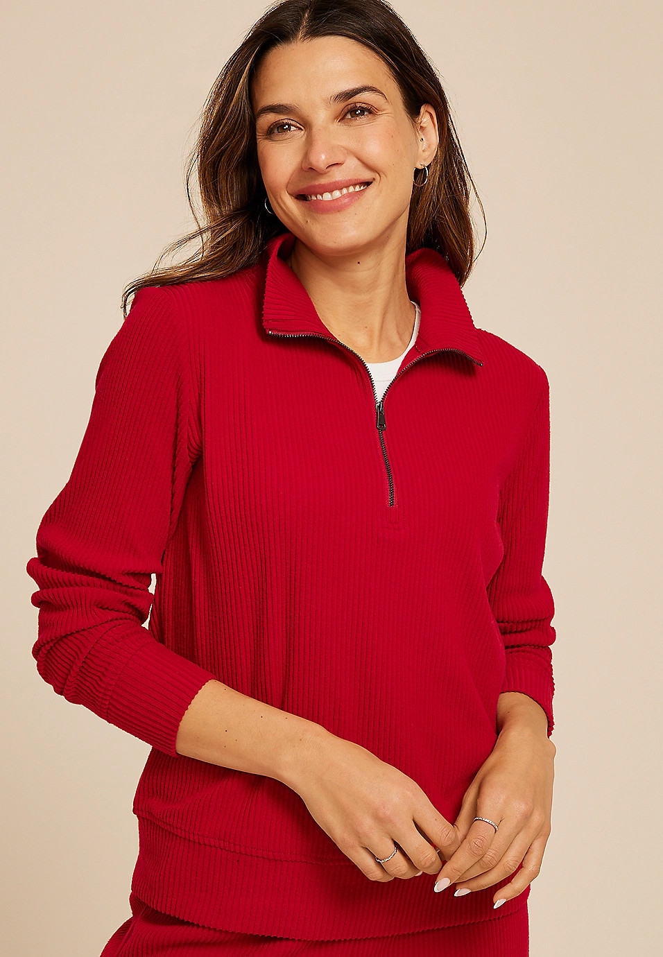 Cozy Ribbed Knit Quarter Zip Sweatshirt | Maurices