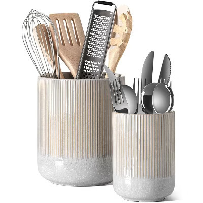 Utensil Holder, 7.3"+5.4" Ceramic Kitchen Utensil Holder for Countertop, Large Cooking Utensil Crocks Glaze Marble Gray 9.8"L x 8.8"W x 7.4"H | Target