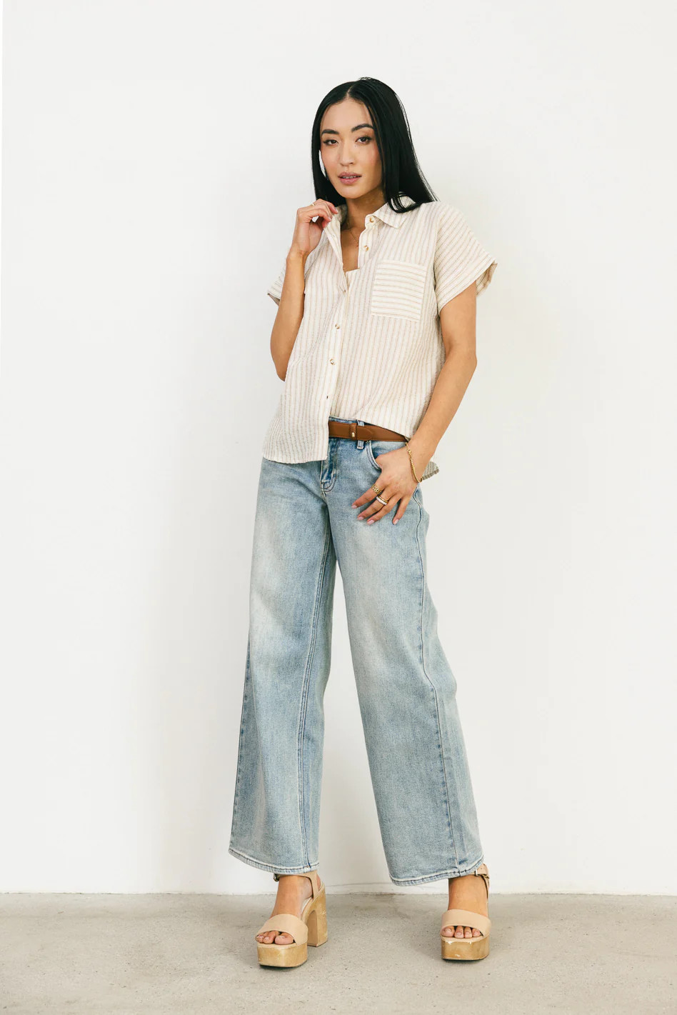 Markie Striped Button Up in Khaki | Böhme US