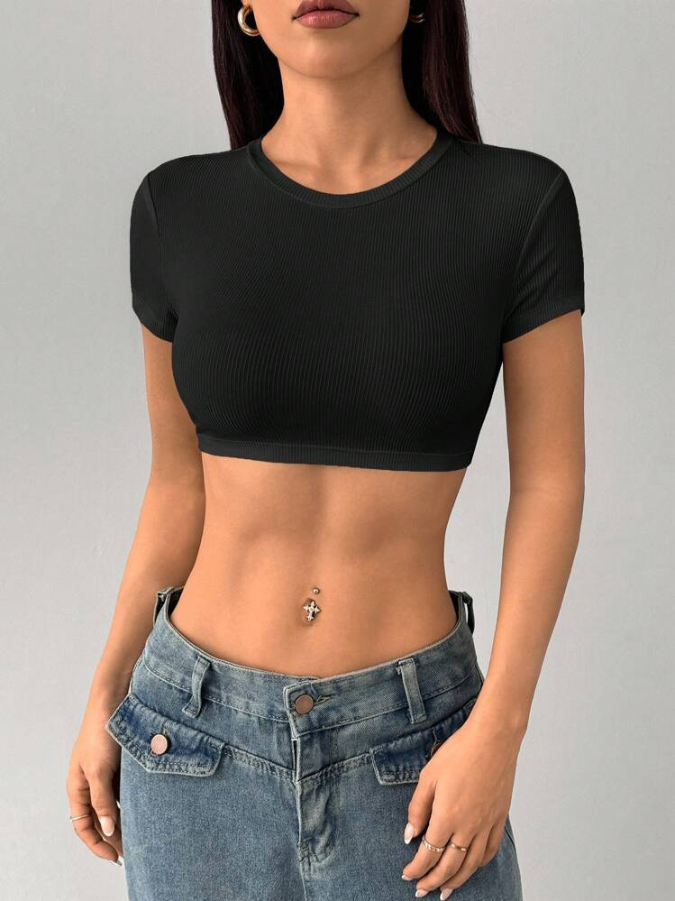 SHEIN PETITE Casual Simple Solid Color Round Neck Short High Crater Strip Slim Fit Women's T-Shirt | SHEIN