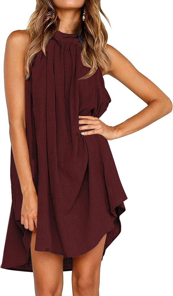 KIRUNDO Women's Summer Halter Neck Sleeveless Mini Dress Loose Tank Top Pleated Dress Short Beach... | Amazon (US)