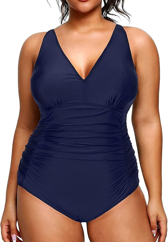 Aqua Eve Women Plus Size One Piece Swimsuits V Neck Tummy Control Bathing Suits Retro Ruched Swim... | Amazon (US)