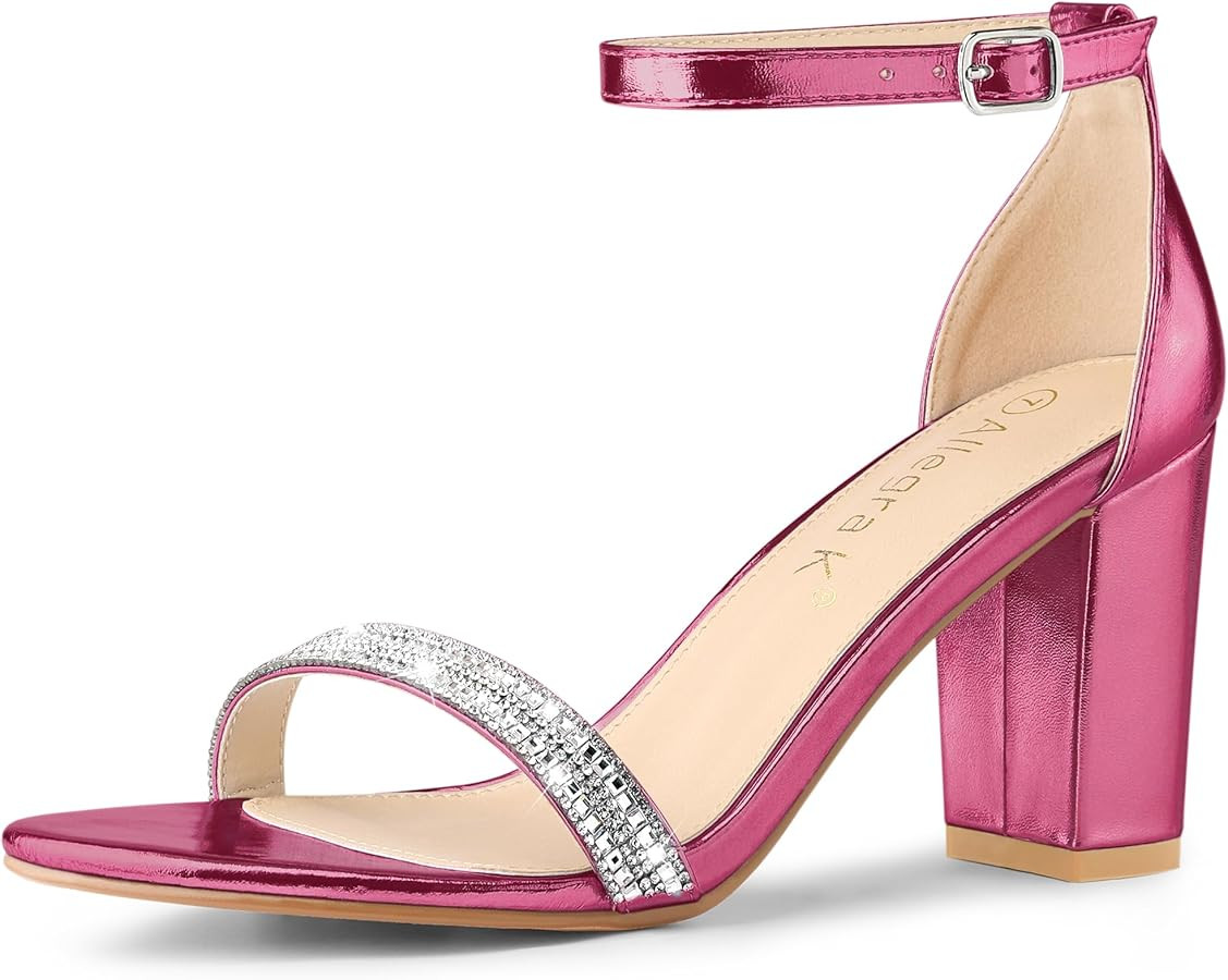 Allegra K Women's Rhinestone Ankle Strap Chunky Heels Sandals | Amazon (US)