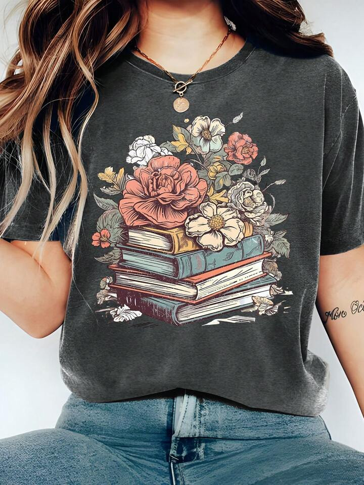 SHEIN LUNE Summer Plus Size Book & Floral Pattern Printed Women's T-Shirt, Suitable For Teacher's... | SHEIN