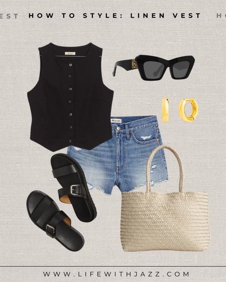 How to style a black linen vest for summer 



Black linen vest / denim shorts / sunglasses / beige tote bag / black sandals / jewelry / casual style / chic / edgy 

#LTKStyleTip #LTKSeasonal